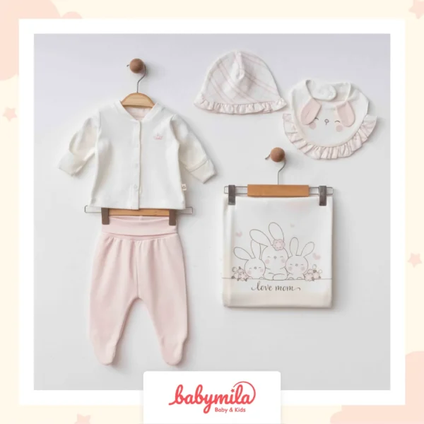 Eslenza Tavşan Baskılı 5 Parça Hastane Çıkışı Pembe